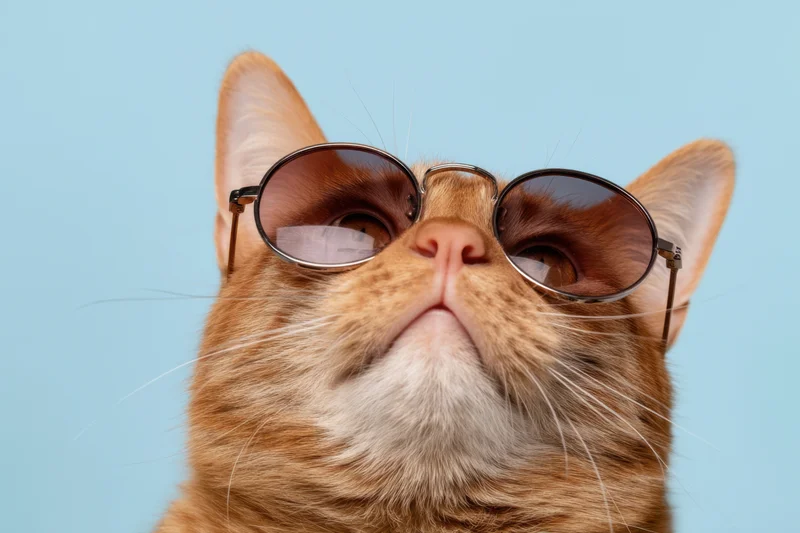 Orange tabby cat wearing round sunglasses gazing upward against a light blue background