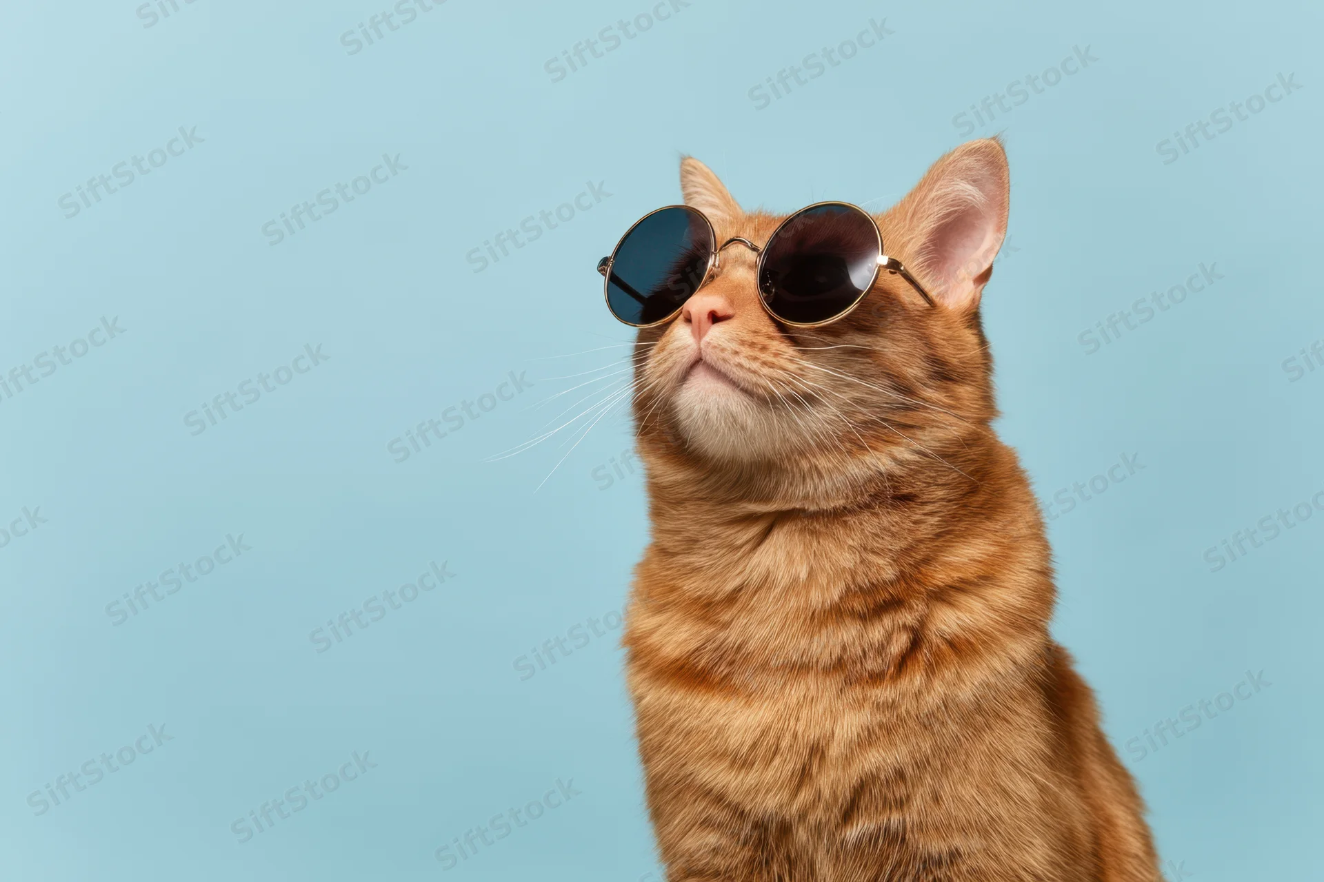 Orange tabby cat wearing round sunglasses gazing upward against a blue background