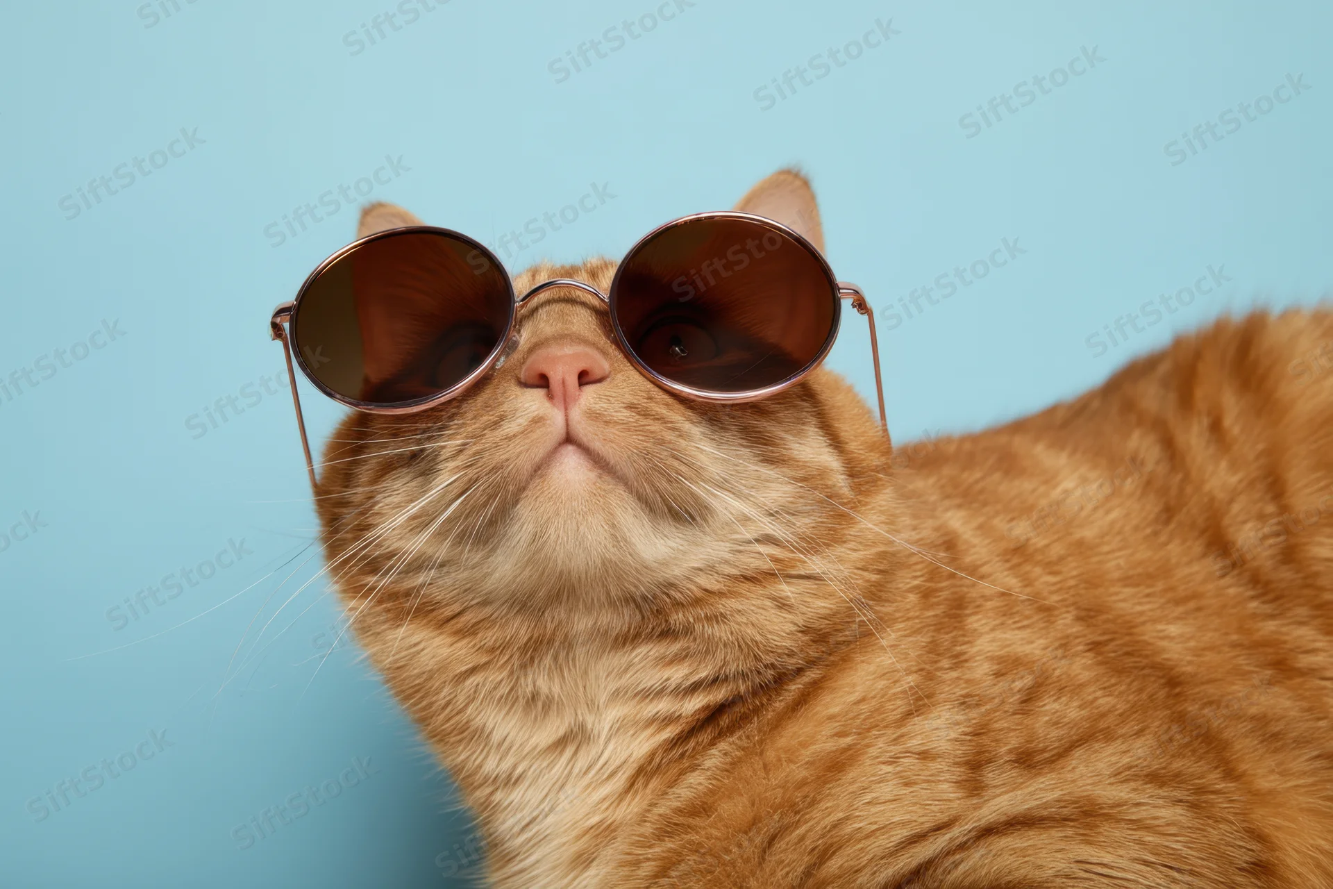 Orange tabby cat wearing round sunglasses gazing upward against blue background