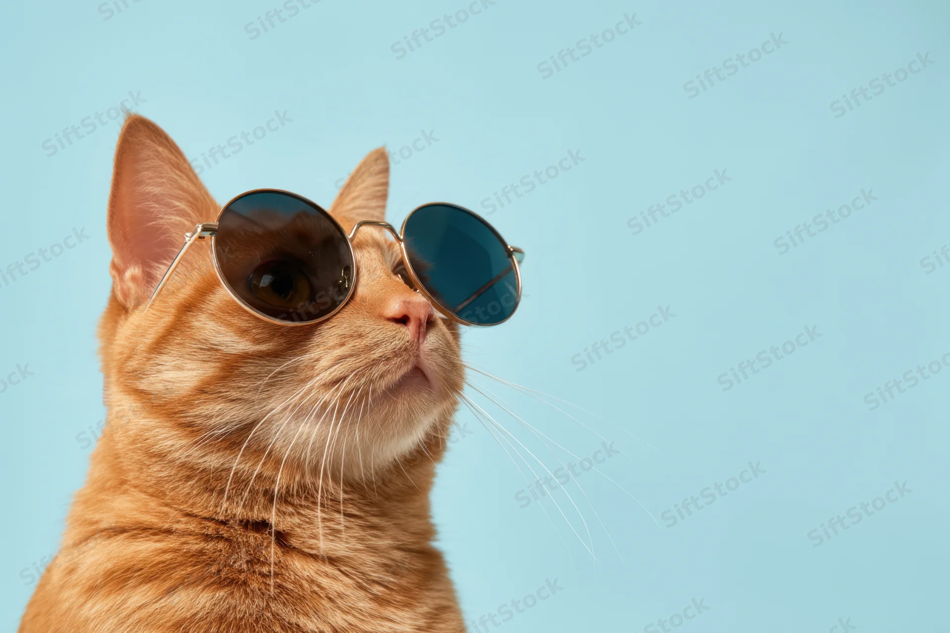 Orange tabby cat wearing round sunglasses gazing upward against a light blue background