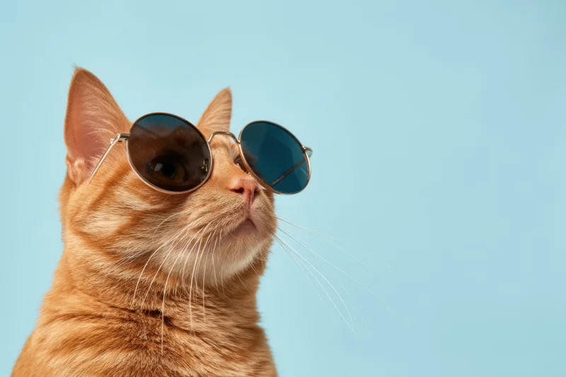 Orange tabby cat wearing round sunglasses gazing upward against a light blue background