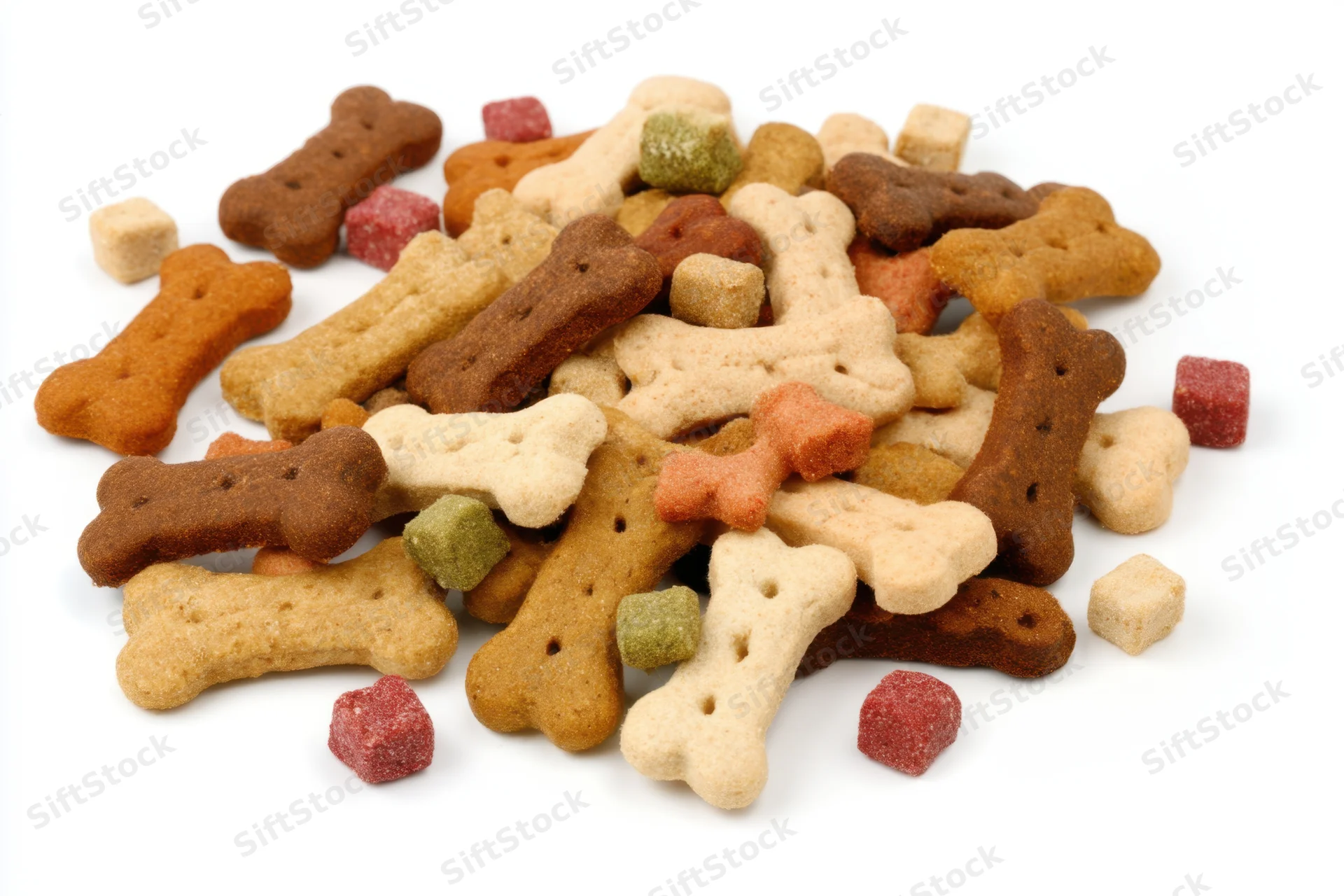 Bone-shaped dog biscuits in various tan brown and cream colors scattered in a pile on white background
