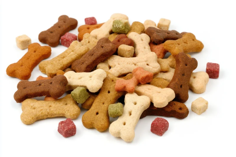 Bone-shaped dog biscuits in various tan brown and cream colors scattered in a pile on white background