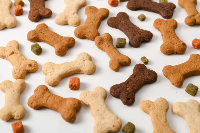 Bone-shaped dog biscuits scattered on a white surface