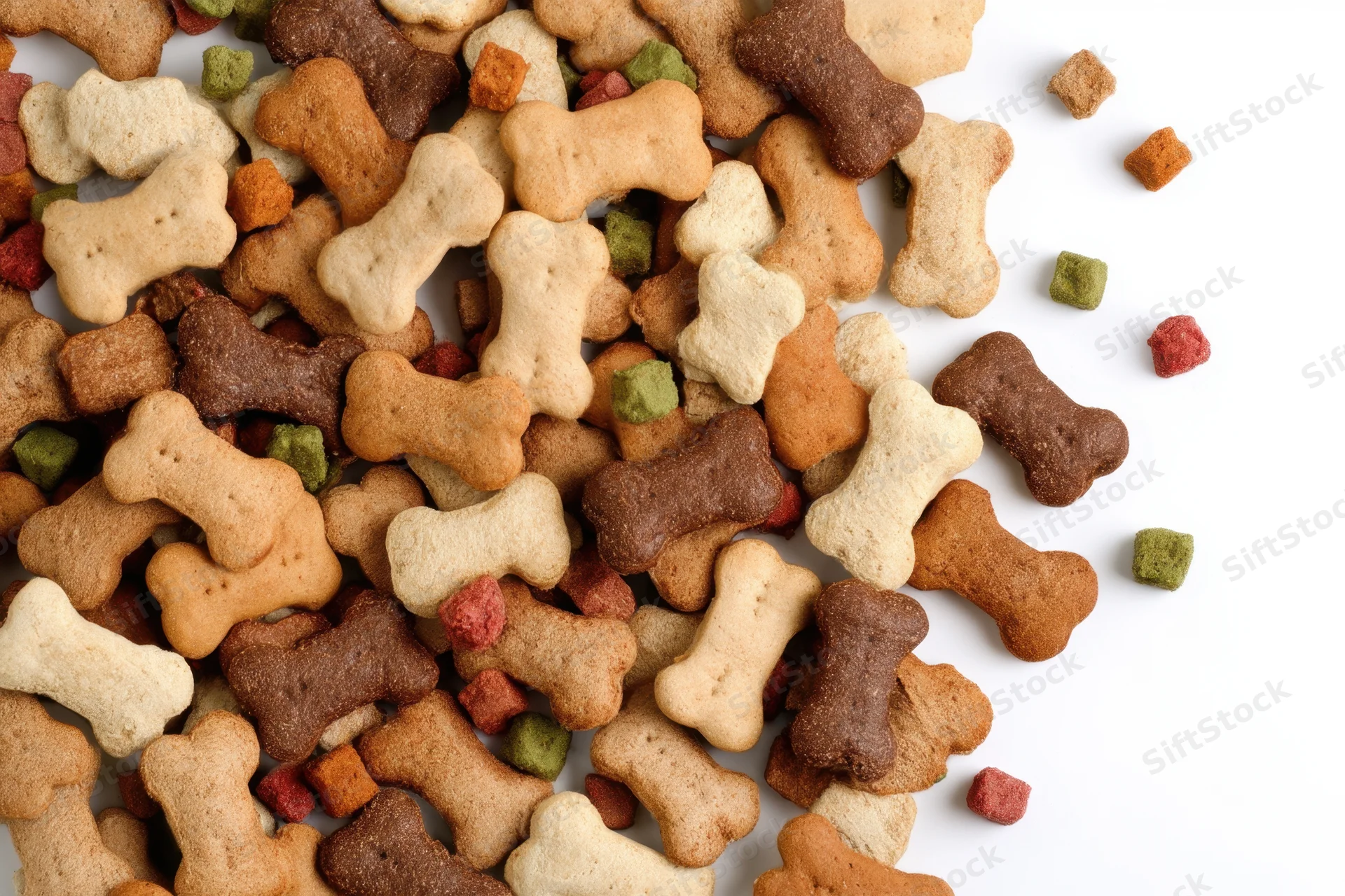 Bone-shaped dog biscuits scattered on white surface with copyspace