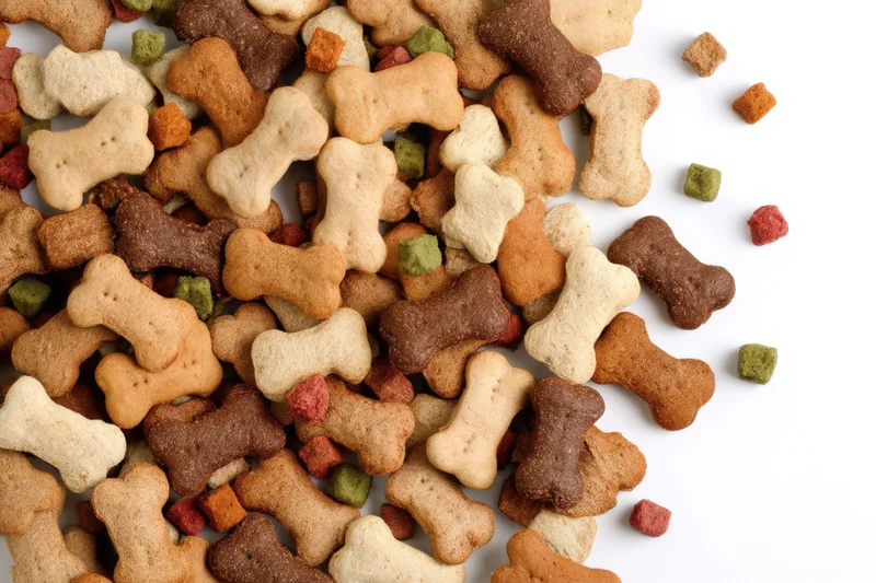 Bone-shaped dog biscuits scattered on white surface with copyspace