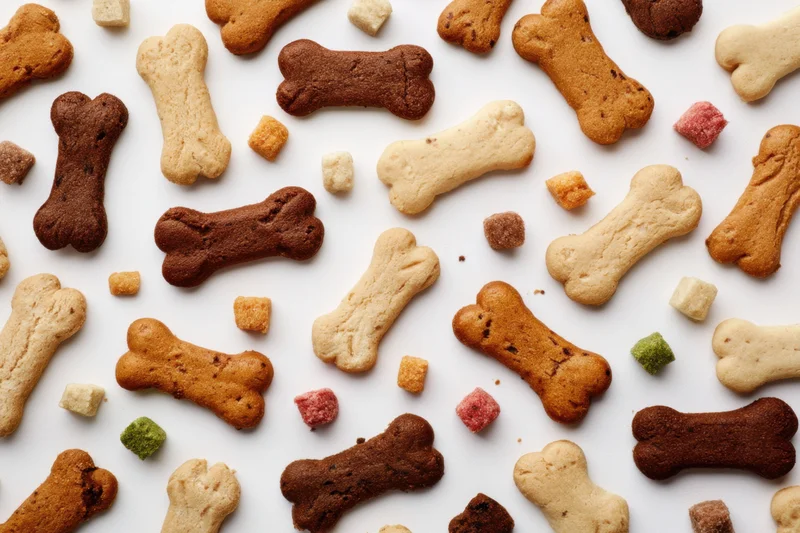 Bone-shaped dog biscuits scattered on white background in flat lay arrangement