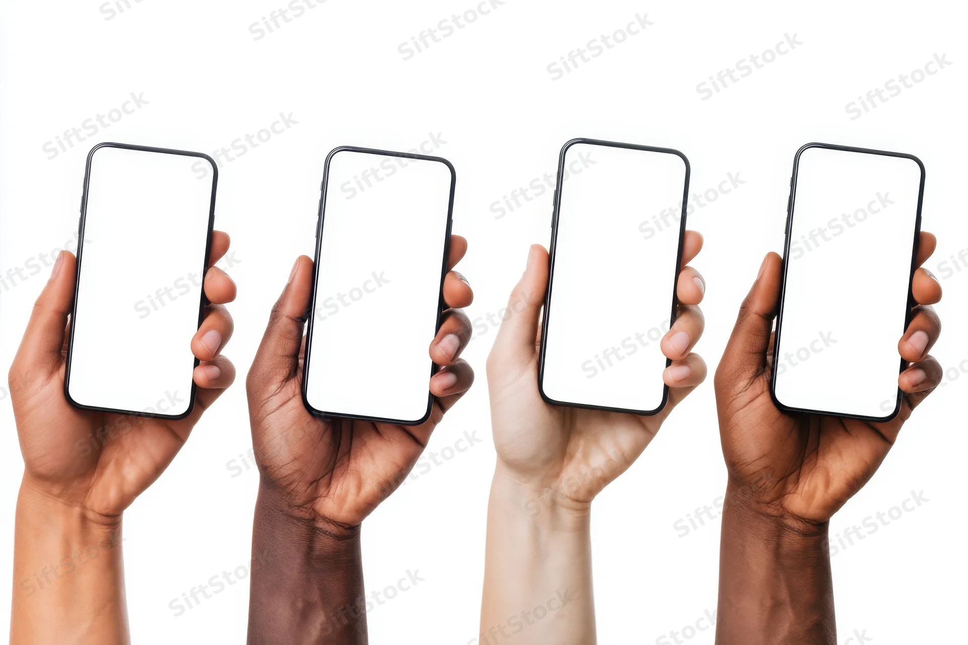 Four hands of diverse ethnicities holding smartphones with blank white screens against white background
