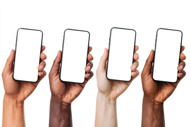 Four hands of diverse ethnicities holding smartphones with blank white screens against white background