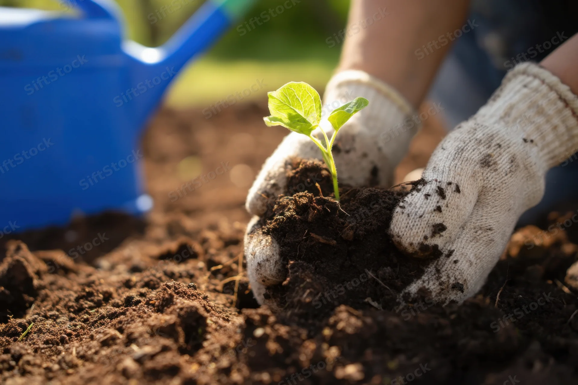 Gloved hands planting a young seedling in rich soil with a blue watering can nearby