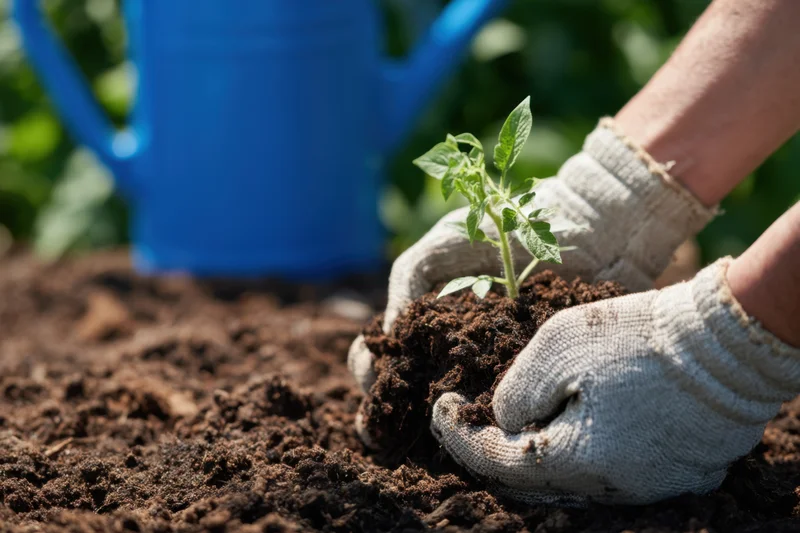 Gloved hands planting a young tomato seedling in rich soil in a garden