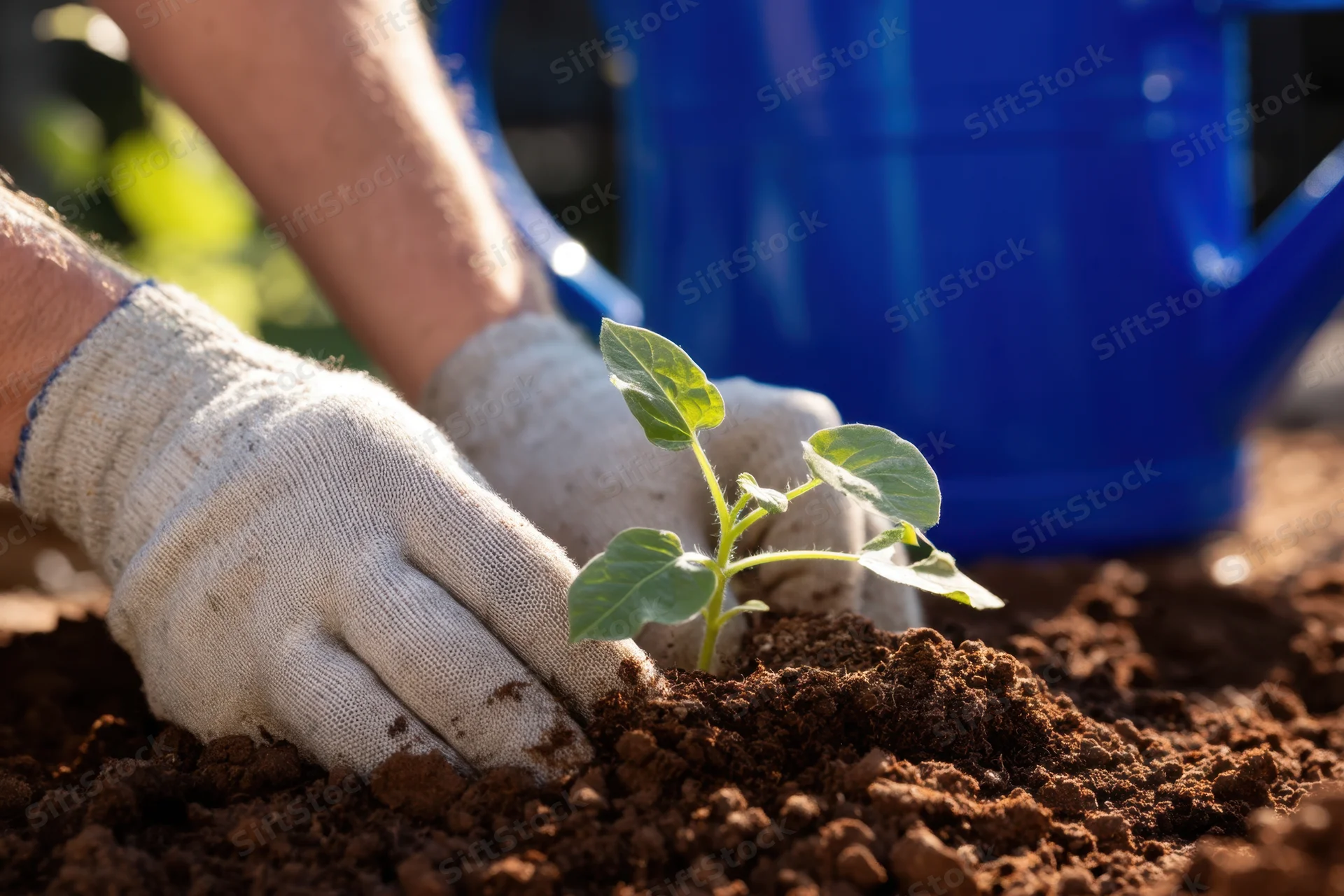 Gloved hands planting a young seedling in rich soil with a blue watering can nearby