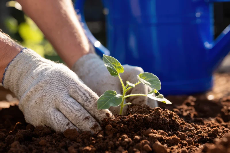 Gloved hands planting a young seedling in rich soil with a blue watering can nearby