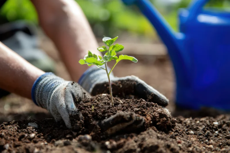 Gloved hands planting a young seedling in rich soil with a blue watering can nearby