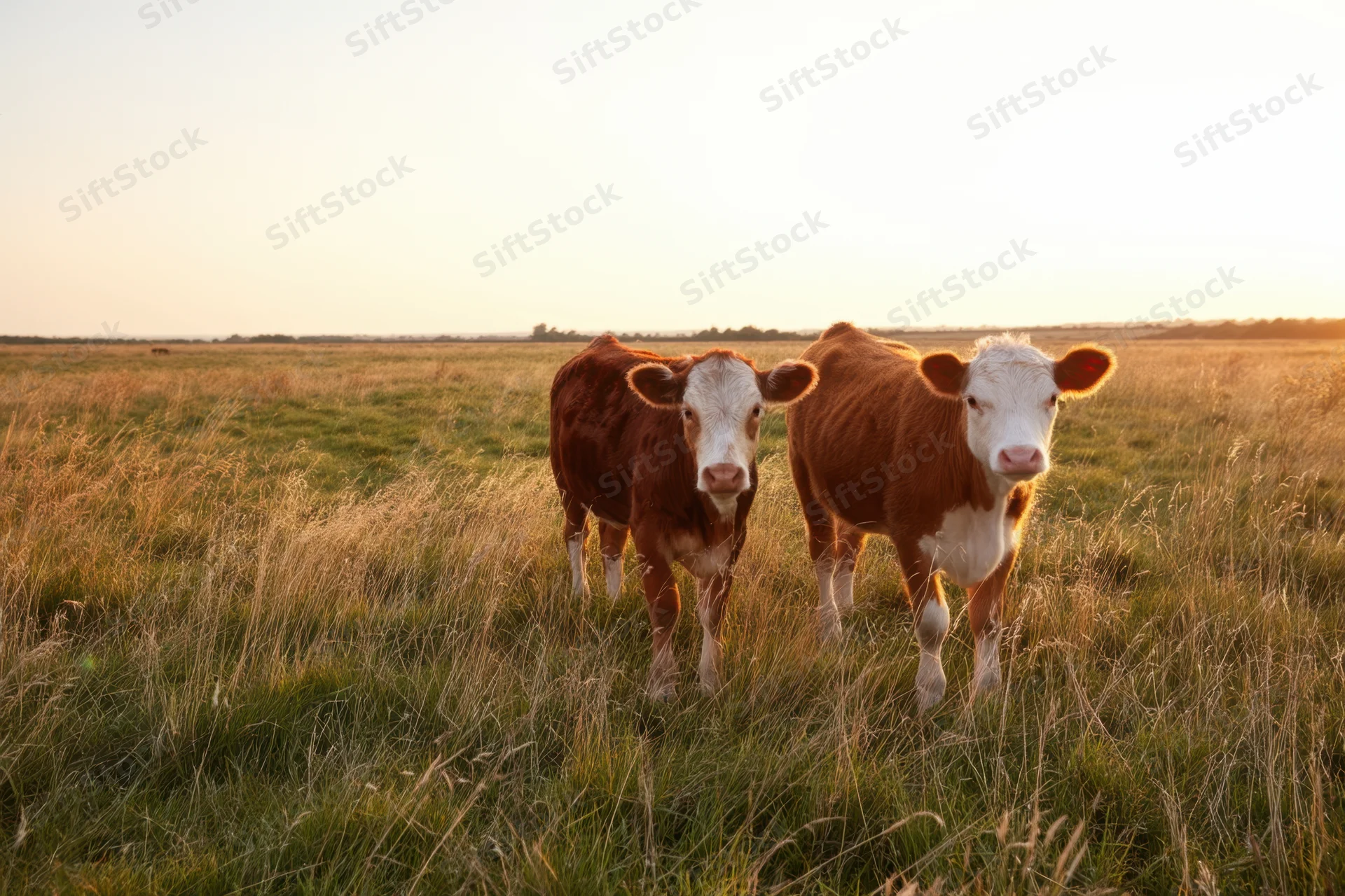 Two cows standing in a grassy field at golden hour