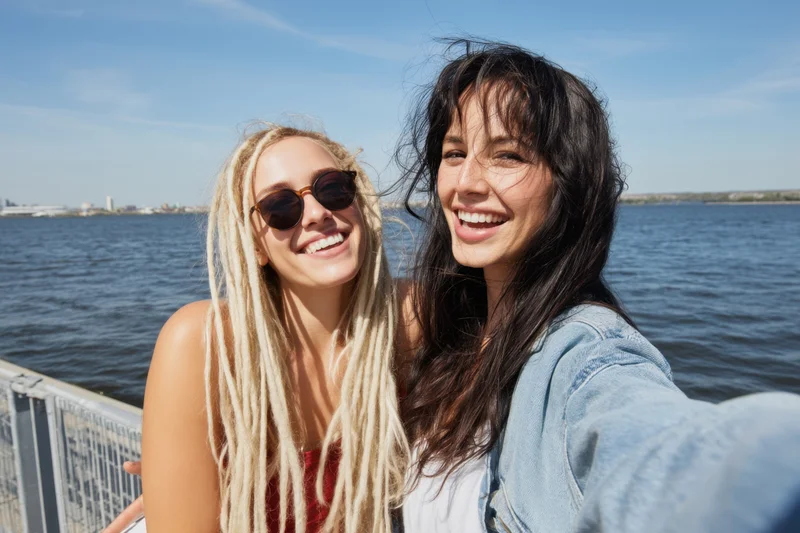 Two women smiling for a selfie by a railing along the waterfront on a sunny day