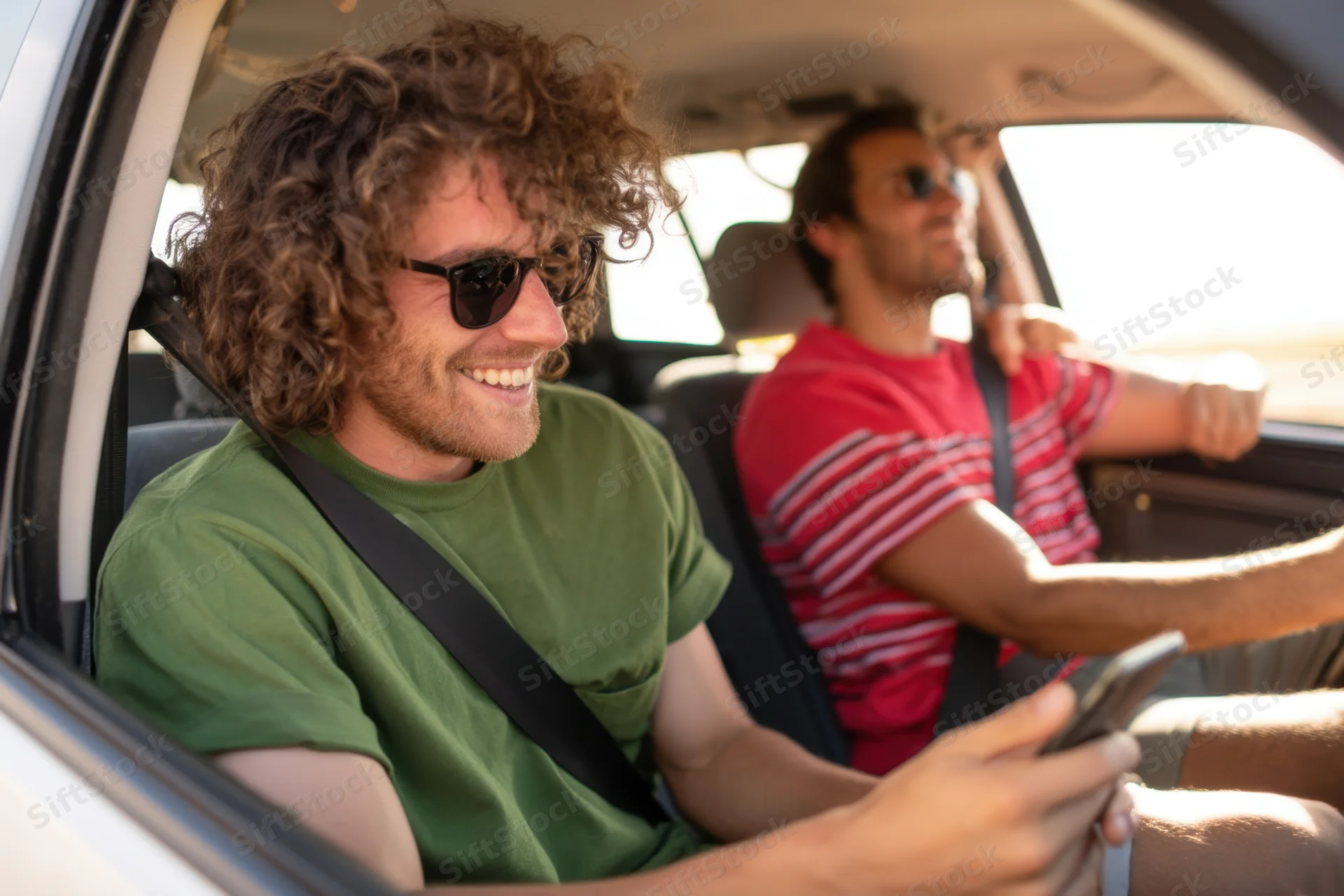 Two men in a car, one smiling while holding a phone, the other driving, both wearing sunglasses and casual tshirts during a sunny road trip