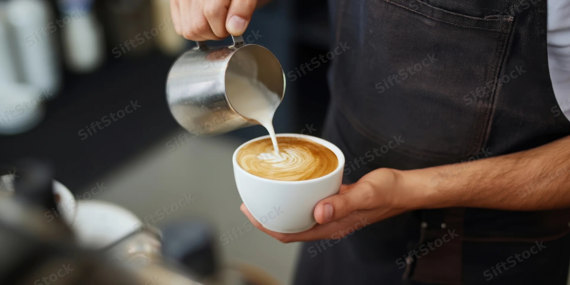 Barista pouring steamed milk into a latte cup to create foam art in a coffee shop