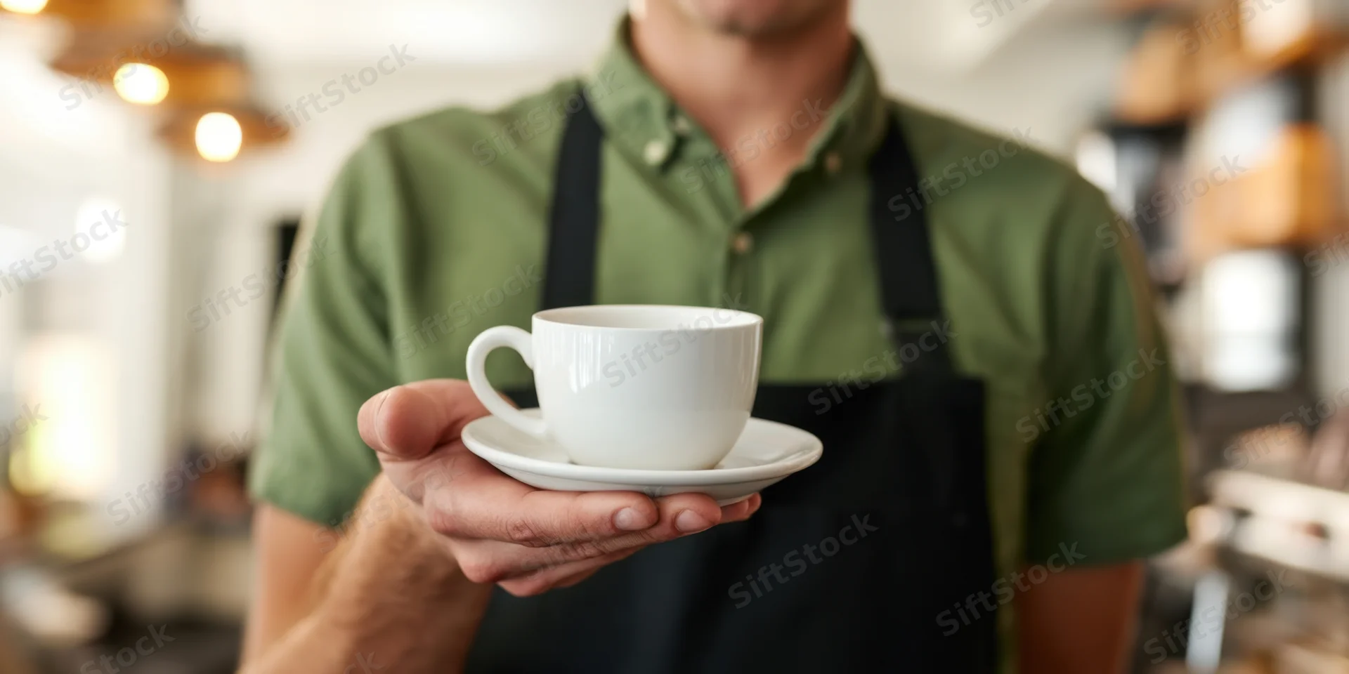 Barista holding white coffee cup and saucer in cafe interior