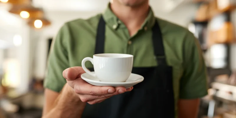 Barista holding white coffee cup and saucer in cafe interior