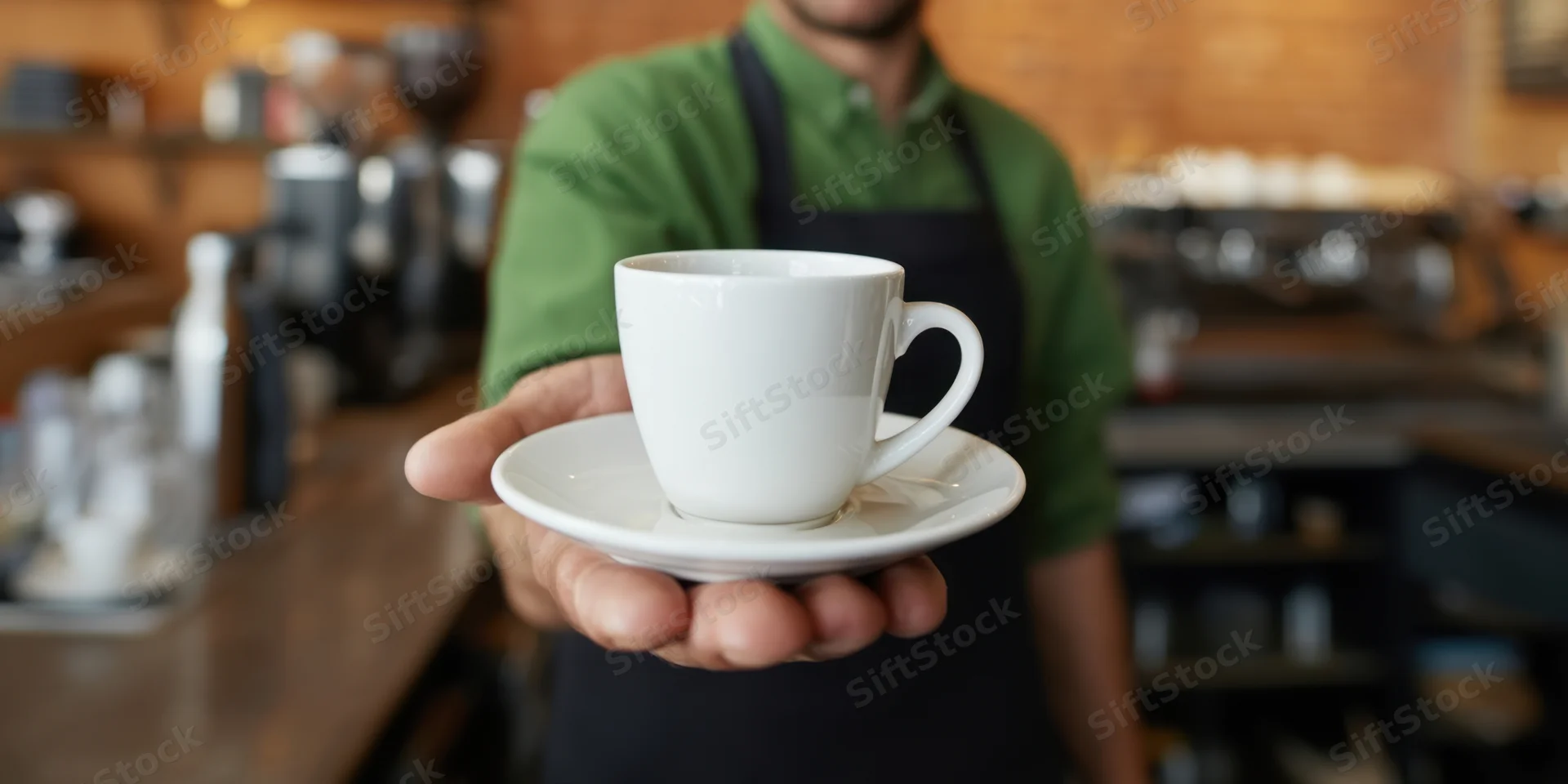 Barista holding white coffee cup on saucer in cafe interior