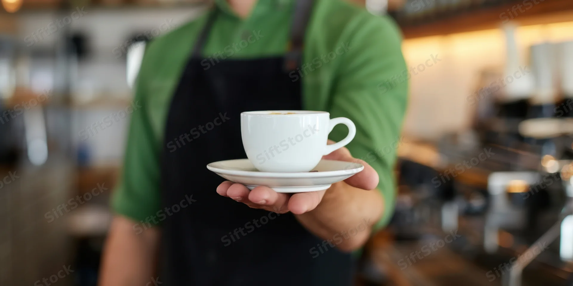 Barista holding white espresso cup and saucer in a cafe interior