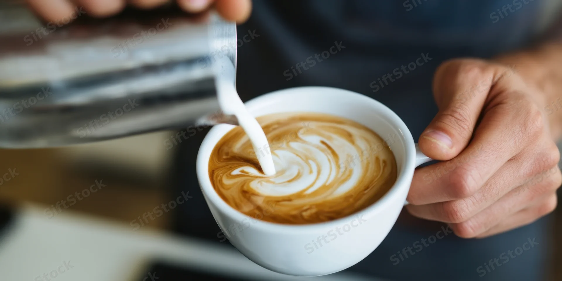 Barista pouring steamed milk into a white cup to create latte art swirls