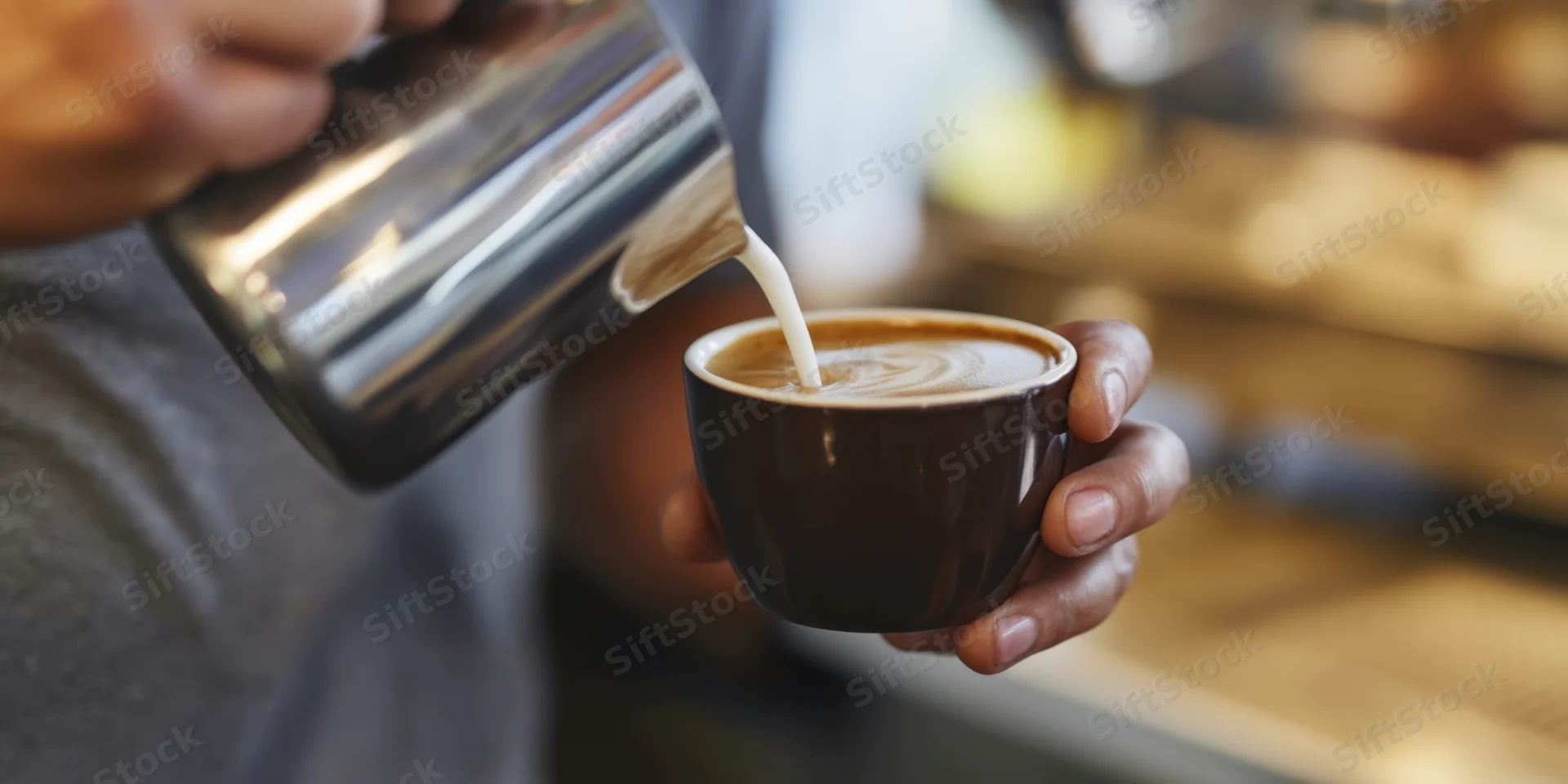 Barista pouring steamed milk into a ceramic cup to create latte art in a cafe