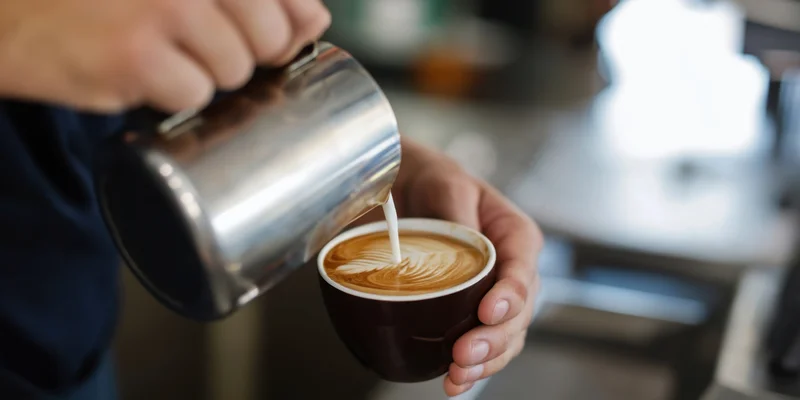 Barista pouring steamed milk into a dark ceramic cup to create latte art in a coffee shop