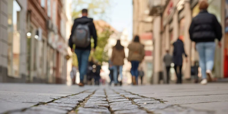 Pedestrians walking away on a cobblestone street in a european city