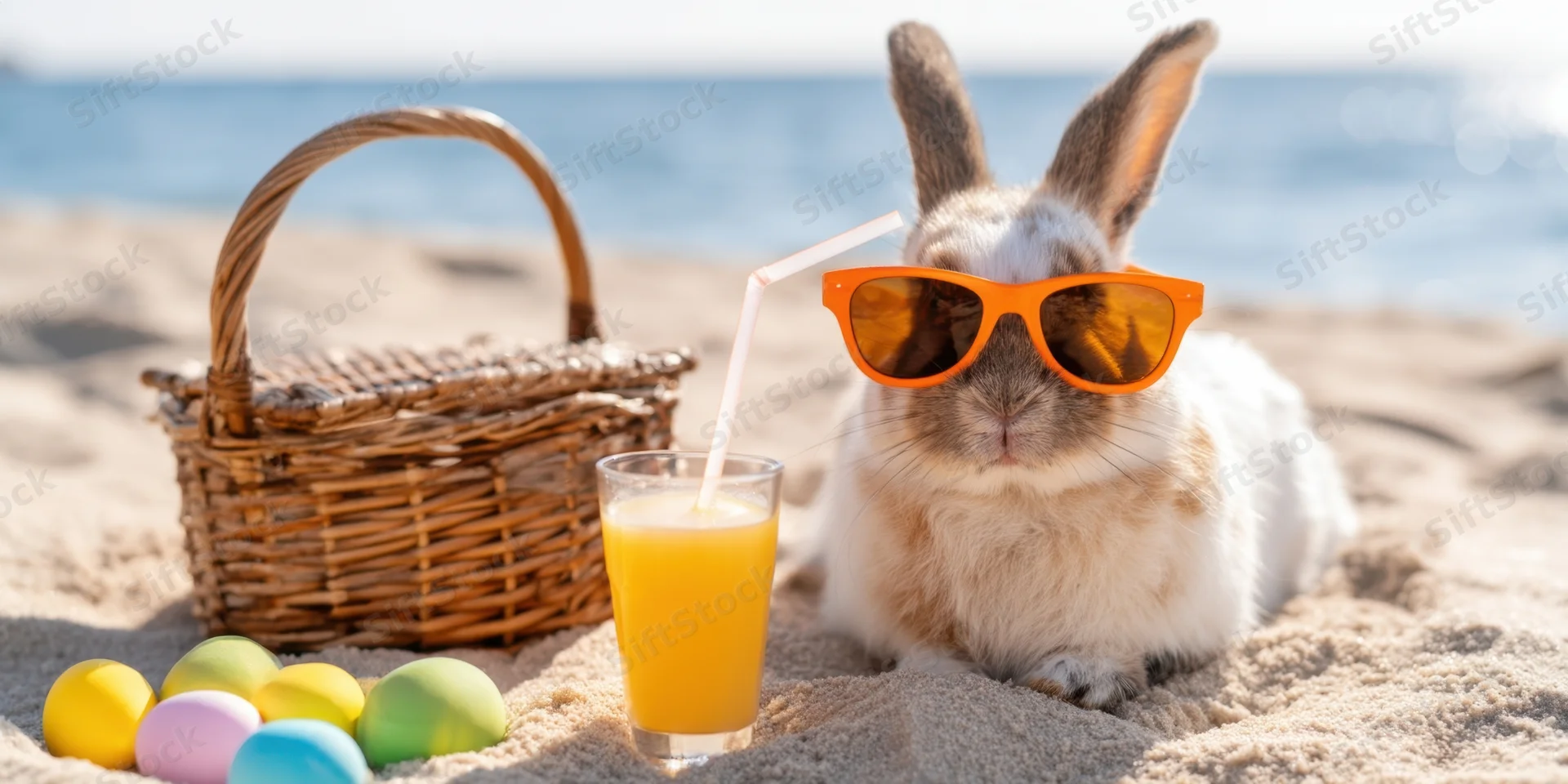 Bunny wearing orange sunglasses lounging on sandy beach beside wicker basket and glass of juice with easter eggs nearby