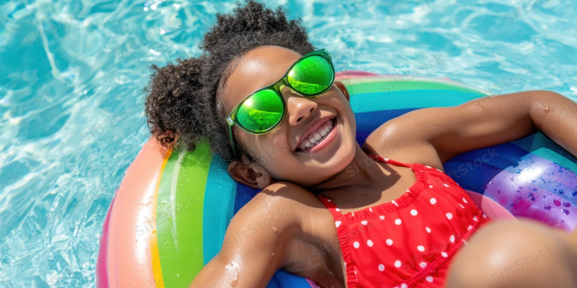 Child smiling while lounging on a multicolor inflatable float in a swimming pool