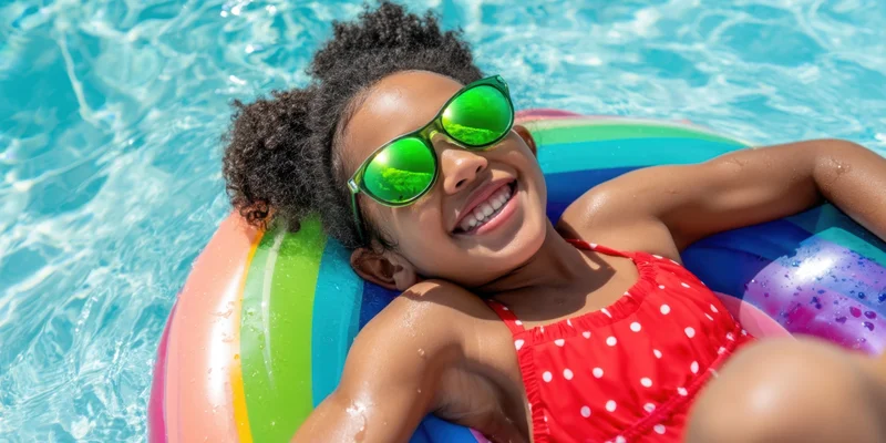 Child smiling while lounging on a multicolor inflatable float in a swimming pool