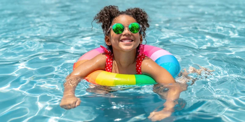 Child smiling while floating on a colorful inflatable ring in a swimming pool