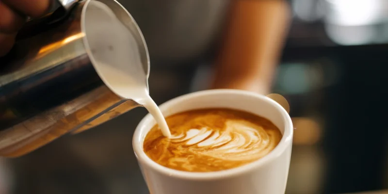 Barista pouring steamed milk into a cup of coffee to create latte art in a cafe