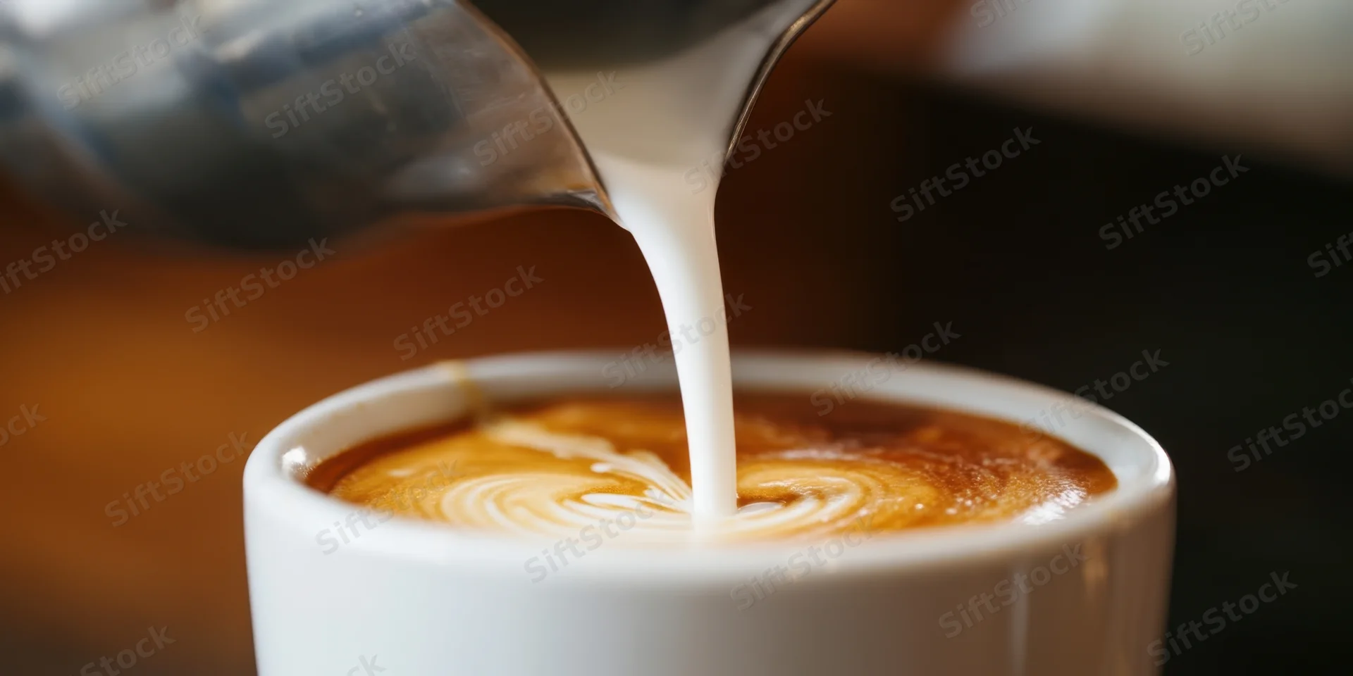 Barista pouring steamed milk into a latte in a white ceramic cup