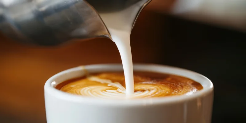 Barista pouring steamed milk into a latte in a white ceramic cup