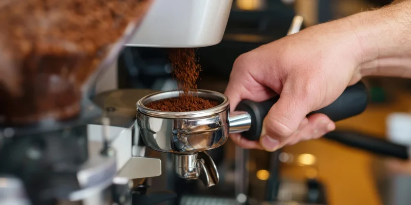 Hand holding portafilter under coffee grinder dispensing ground coffee in a cafe setting