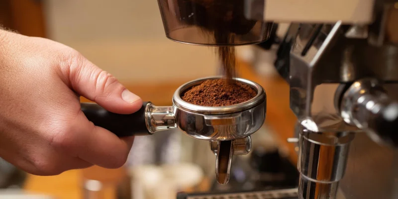 Hand holding portafilter under coffee grinder in cafe