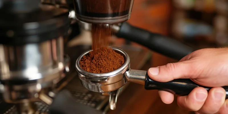 Hand holding portafilter under coffee grinder in cafe