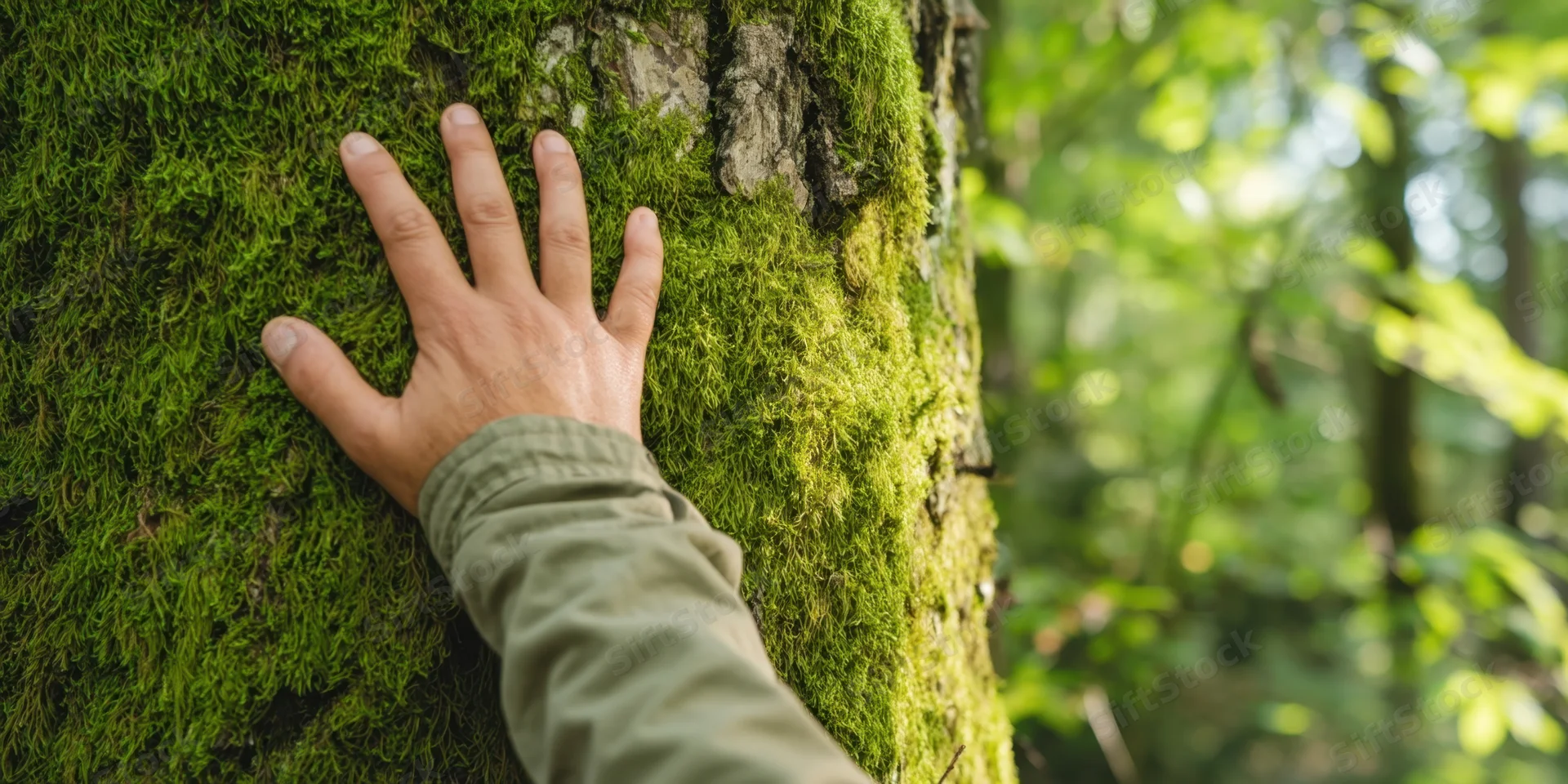 Hand touching moss-covered tree trunk in a forest