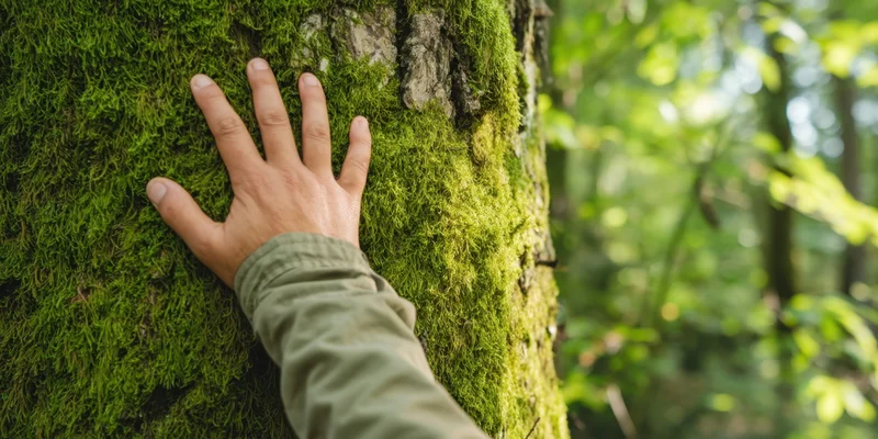 Hand touching moss-covered tree trunk in a forest