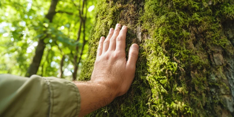 Hand touching moss-covered tree trunk in a sunlit forest