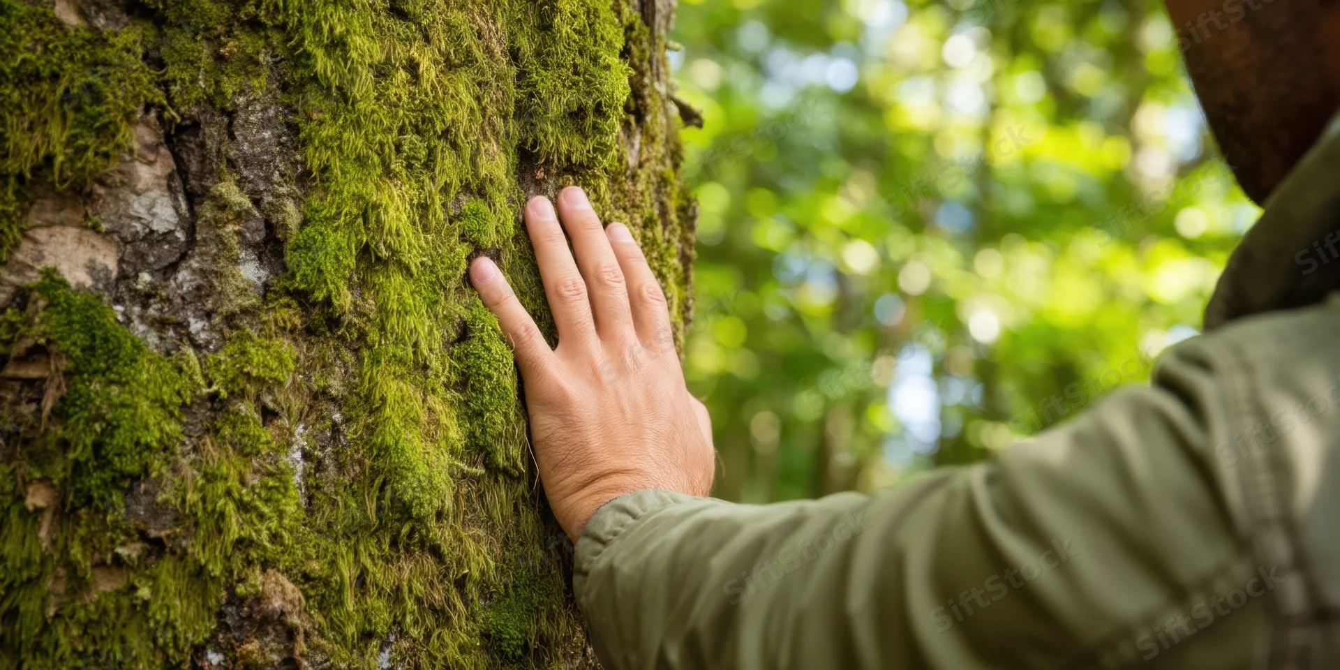 Man’s hand touching moss-covered tree trunk in forest