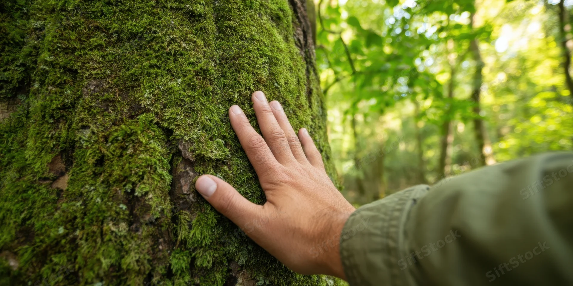 Hand touching moss-covered tree trunk in a sunlit forest