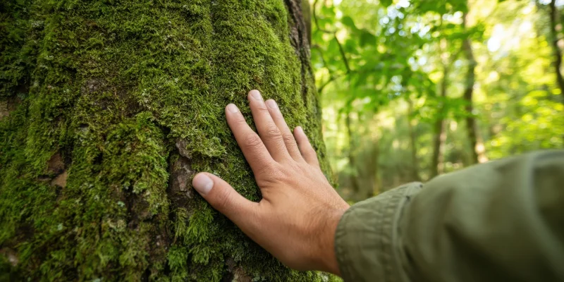Hand touching moss-covered tree trunk in a sunlit forest