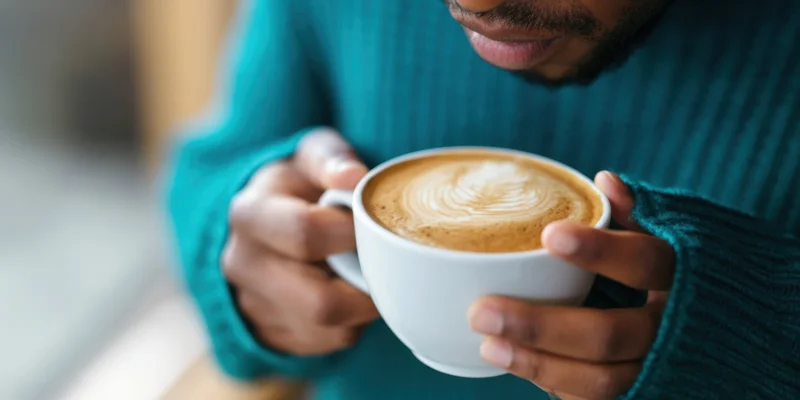 Man holding a white ceramic coffee cup with latte art, sipping from it indoors