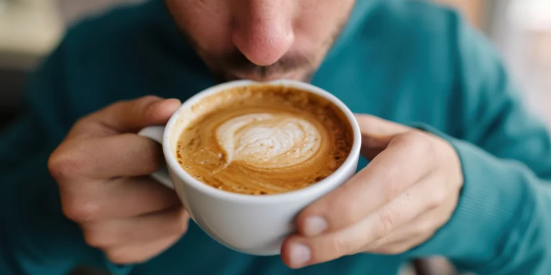 Man sipping coffee from a white ceramic cup with latte art in a cafe setting