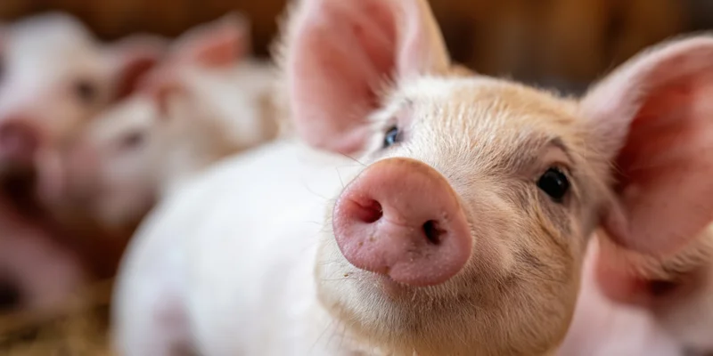 Close-up of a piglet with pink snout and large ears in a barn setting