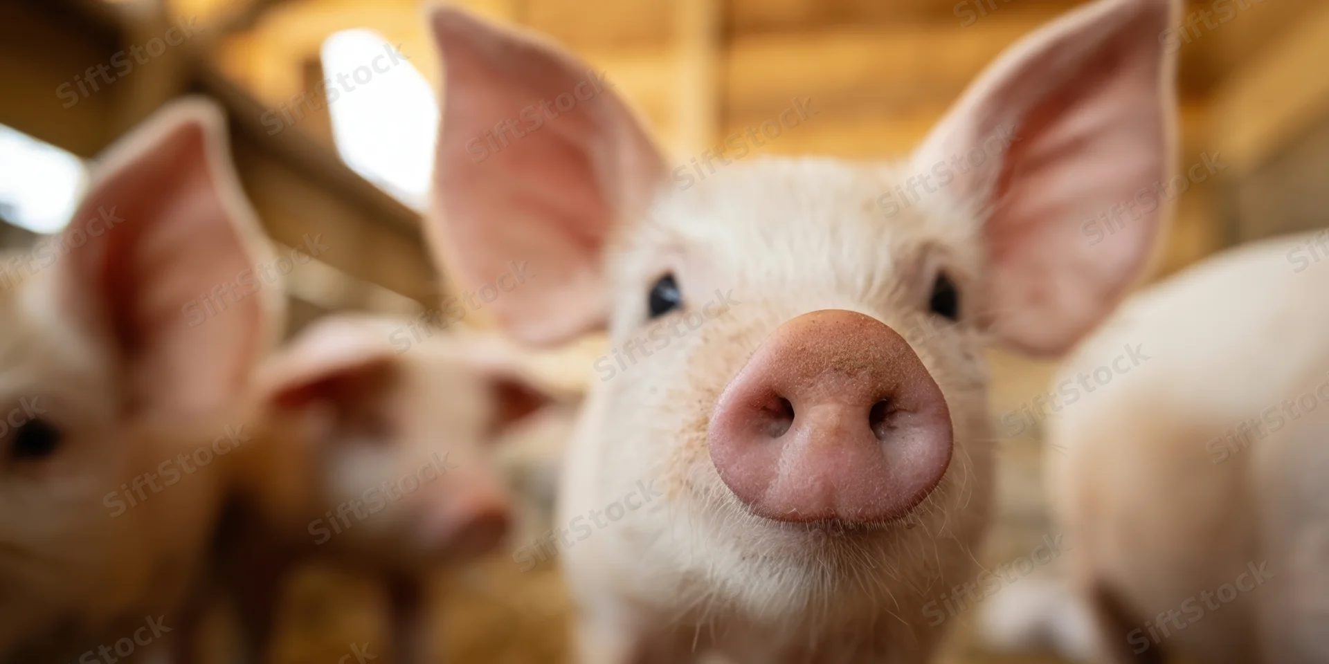 Close-up of a piglet with large ears and pink snout in a barn setting